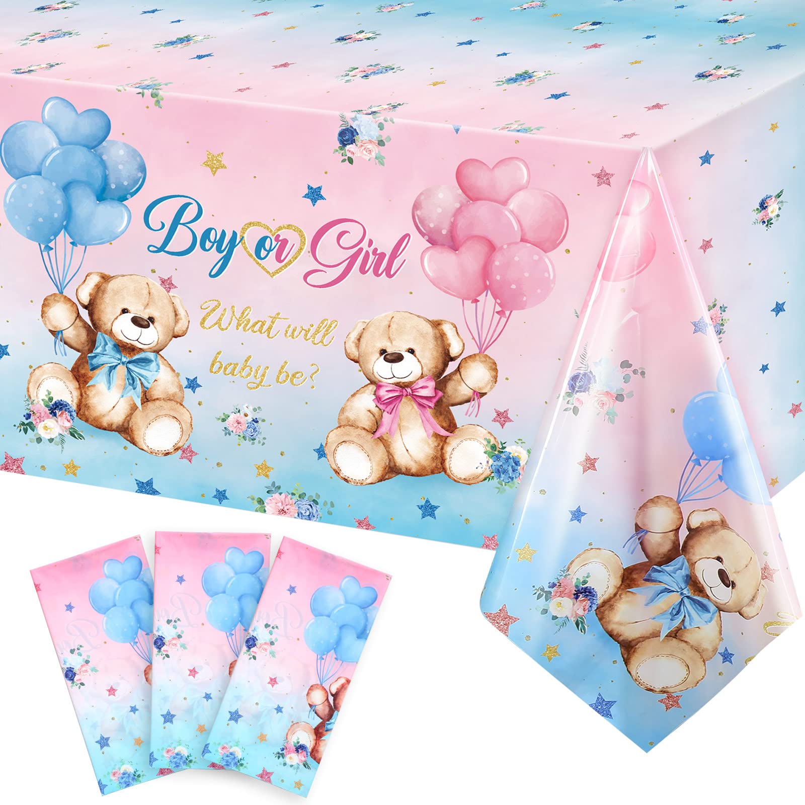 Capoda 3 Pcs Bear Baby Shower Tablecloths Bear Gender Reveal Table Covers Rectangle Plastic Bear Table Cloths for Bear Baby Shower Gender Reveal Party Decorations, 54 x 108 Inch, Blue Pink