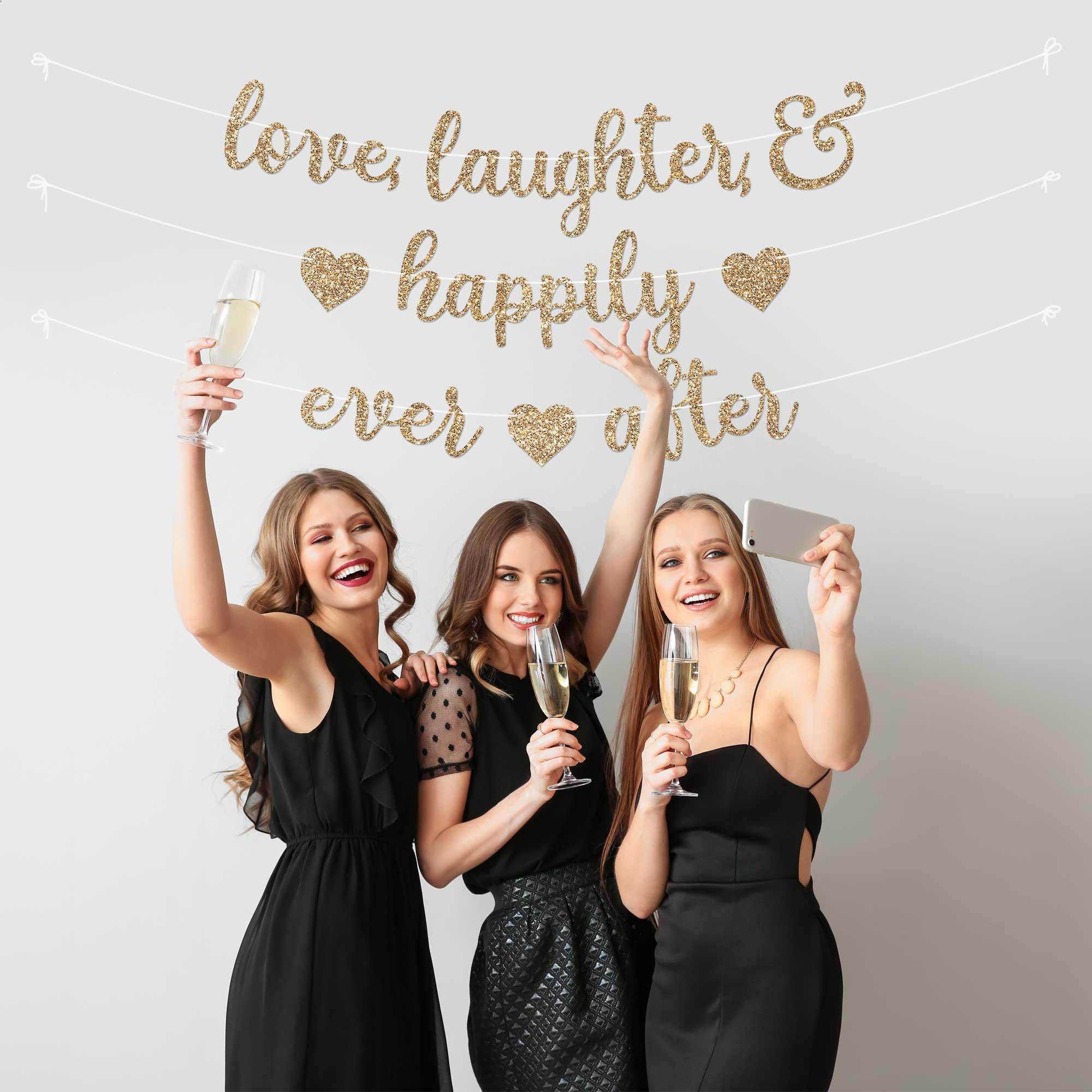 Pre-Strung Love Laughter & Happily Ever After Banner - NO DIY - Gold Glitter Bachelorette Wedding Bridal Party Banner - Pre-Strung Garland on 8 ft Strand - Gold Bachelorette Bridal Engagement Party