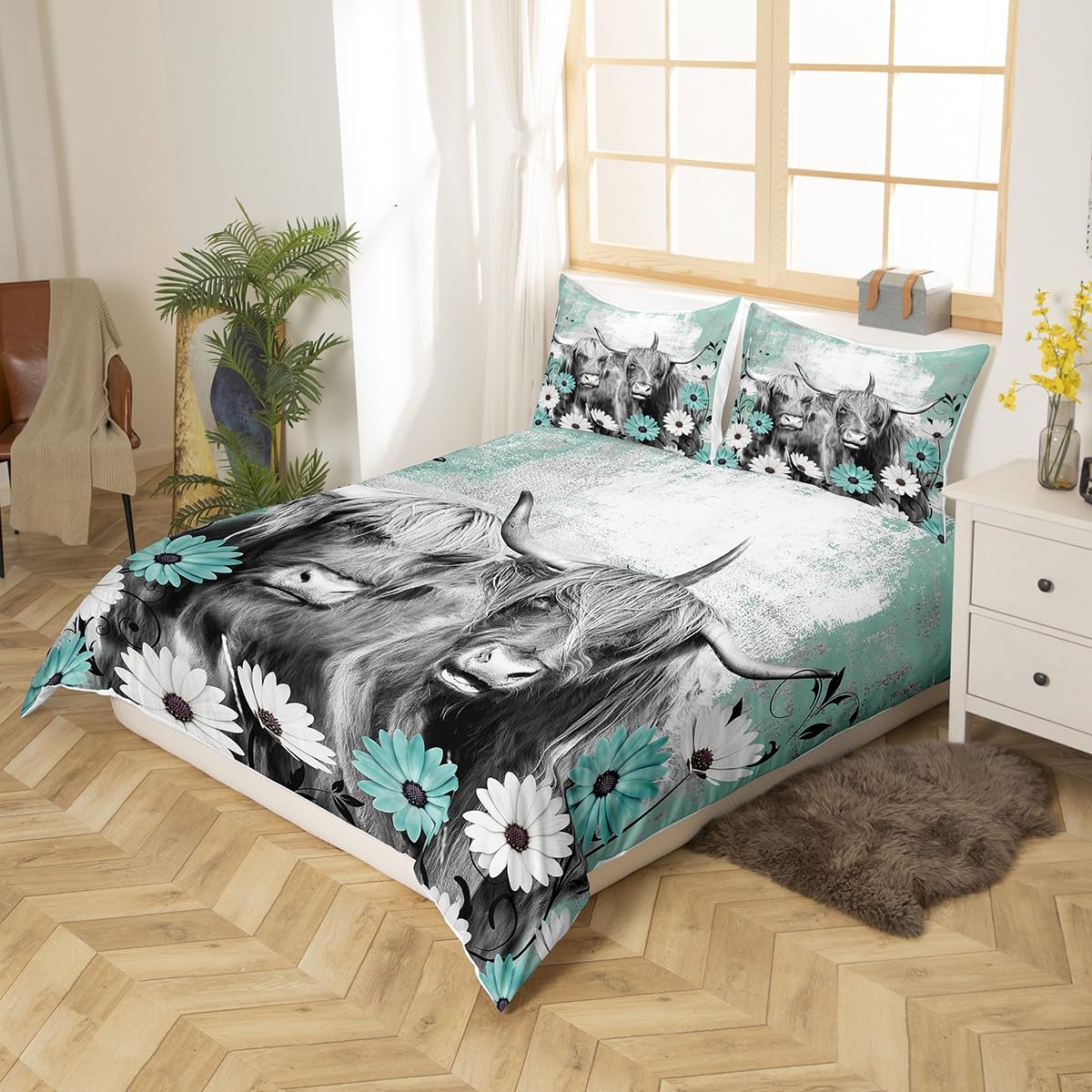 Highland Cow Print Duvet Cover Cowgirl Gifts for Women Girls, Western Farmhouse Bedding Set Queen Cattle Farm Animal Comforter Cover, Rustic Flowers Daisy Quilt Cover, Teal Graffiti Room Decor