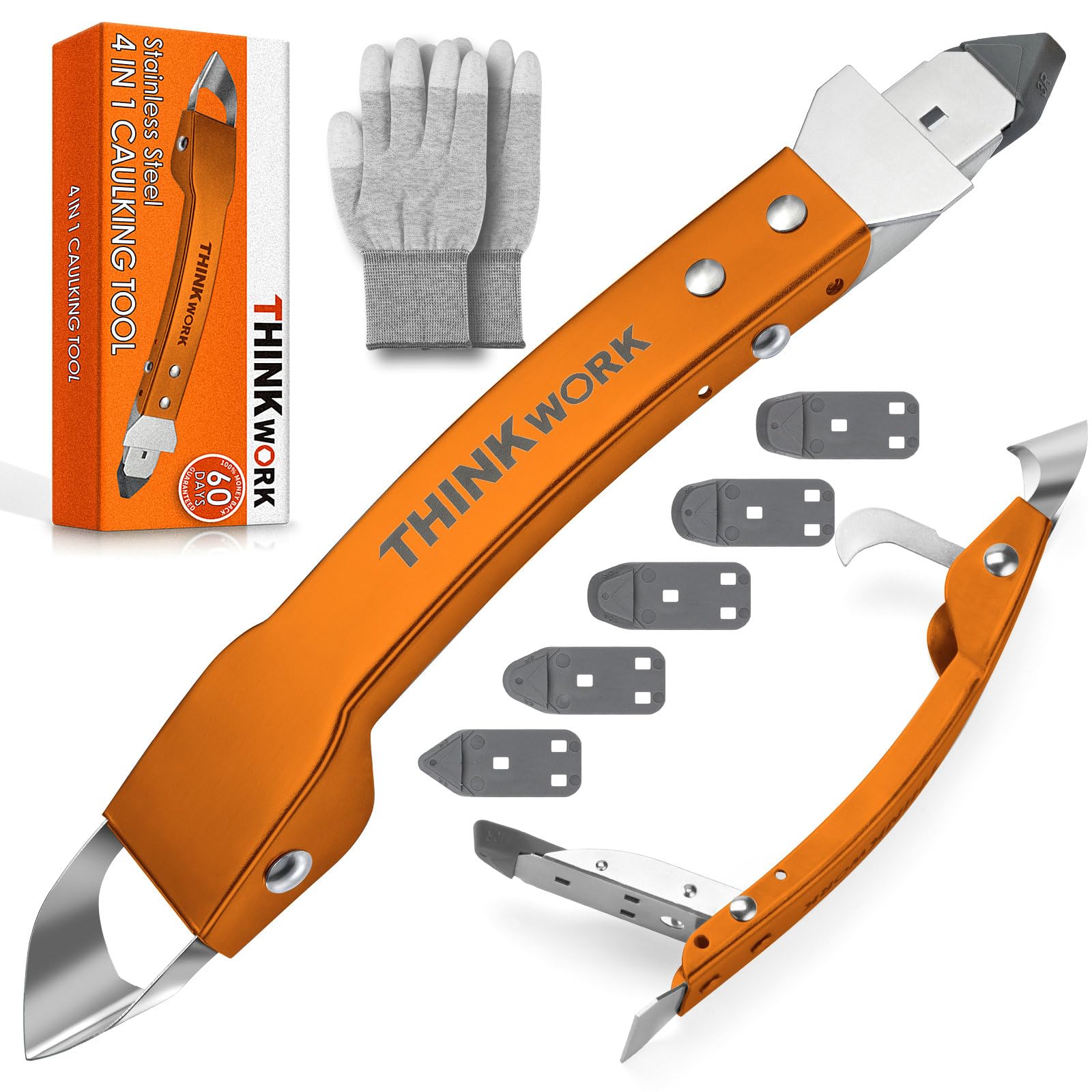 THINKWORK Caulking Tool Kit, 4 in 1 Caulk Remover Tool, Stainless Steel Caulk Tool for Kitchen Bathroom Window Sink Tile Joint, Orange