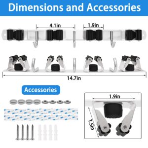 YUBYFA 2 Pack Mop Broom Holder Wall Mount self adhesive, Heavy Duty Stainless Steel with 4 Racks with 3 Hooks,14.7" L x 1.5" H,making Tools Organized and Within Reach(Black)