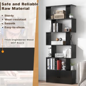 IFANNY 5 Shelf Bookcase, Geometric Bookshelf with Doors, Tall S Shaped Storage Shelves, Wooden Display Shelf with Cabinet, Modern Book Shelf for Bedroom, Living Room, Home Office (Black)