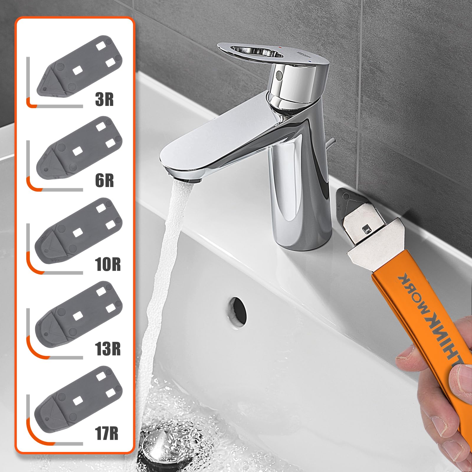 THINKWORK Caulking Tool Kit, 4 in 1 Caulk Remover Tool, Stainless Steel Caulk Tool for Kitchen Bathroom Window Sink Tile Joint, Orange