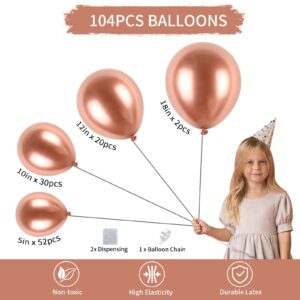 Biapian Metallic Rose Gold Balloons, 104PCS Rose Gold Balloon Garland Arch Kit With 18/12/10/5 Inch Chrome Rose Gold Latex Balloons for Women Girls Birthday Wedding Bridal Shower Party Decorations