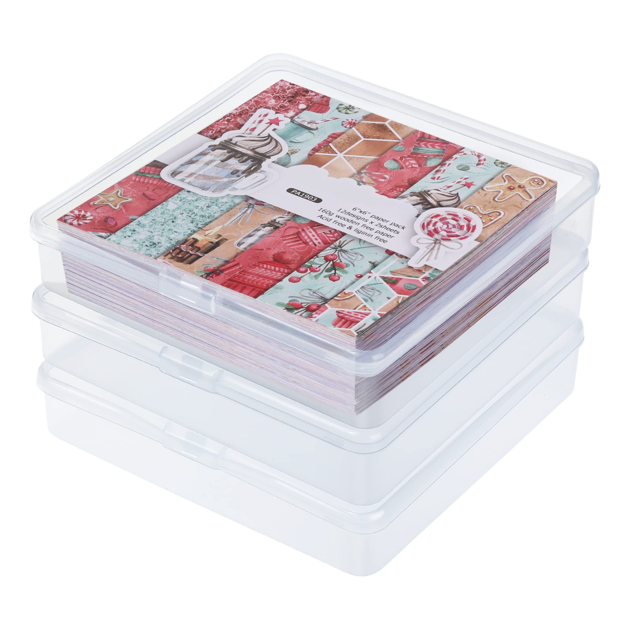 ISKYBOB 3 Packs Scrapbook Paper Storage Boxes, Clear 6 x 6 Paper Storage Organizer with Lids Stackable Plastic Scrapbooking Craft Containers for Organizing Cardstock, Photo, Sticker