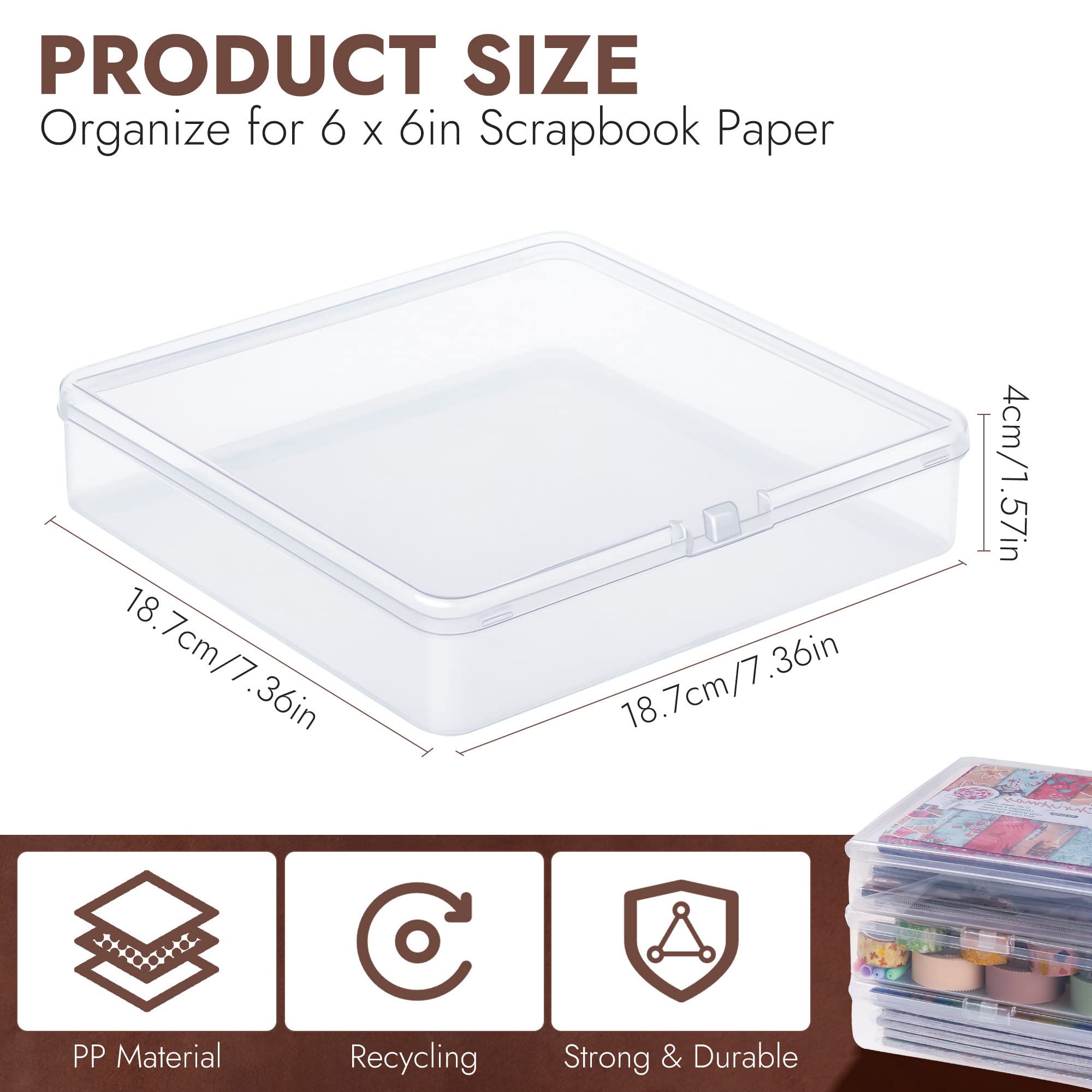 ISKYBOB 3 Packs Scrapbook Paper Storage Boxes, Clear 6 x 6 Paper Storage Organizer with Lids Stackable Plastic Scrapbooking Craft Containers for Organizing Cardstock, Photo, Sticker