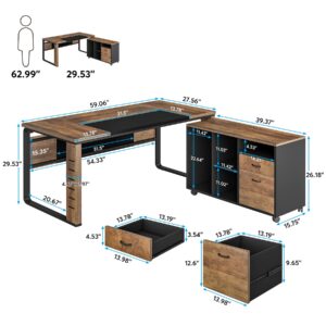 Tribesigns Large L-Shaped Computer Desk, 59 inch Executive Office Corner Desk Workstation Business Furniture with Letter Size File Cabinet for Home Office, Light Brown