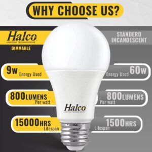 Halco ProLed Led Light Bulbs LED A19 Dimmable, Frosted 120V, 60W Equivalent Efficient 9W, 800 Lumen, 15000 Hours, E26, UL CRI 80 6 Pack (3000k Warm White)