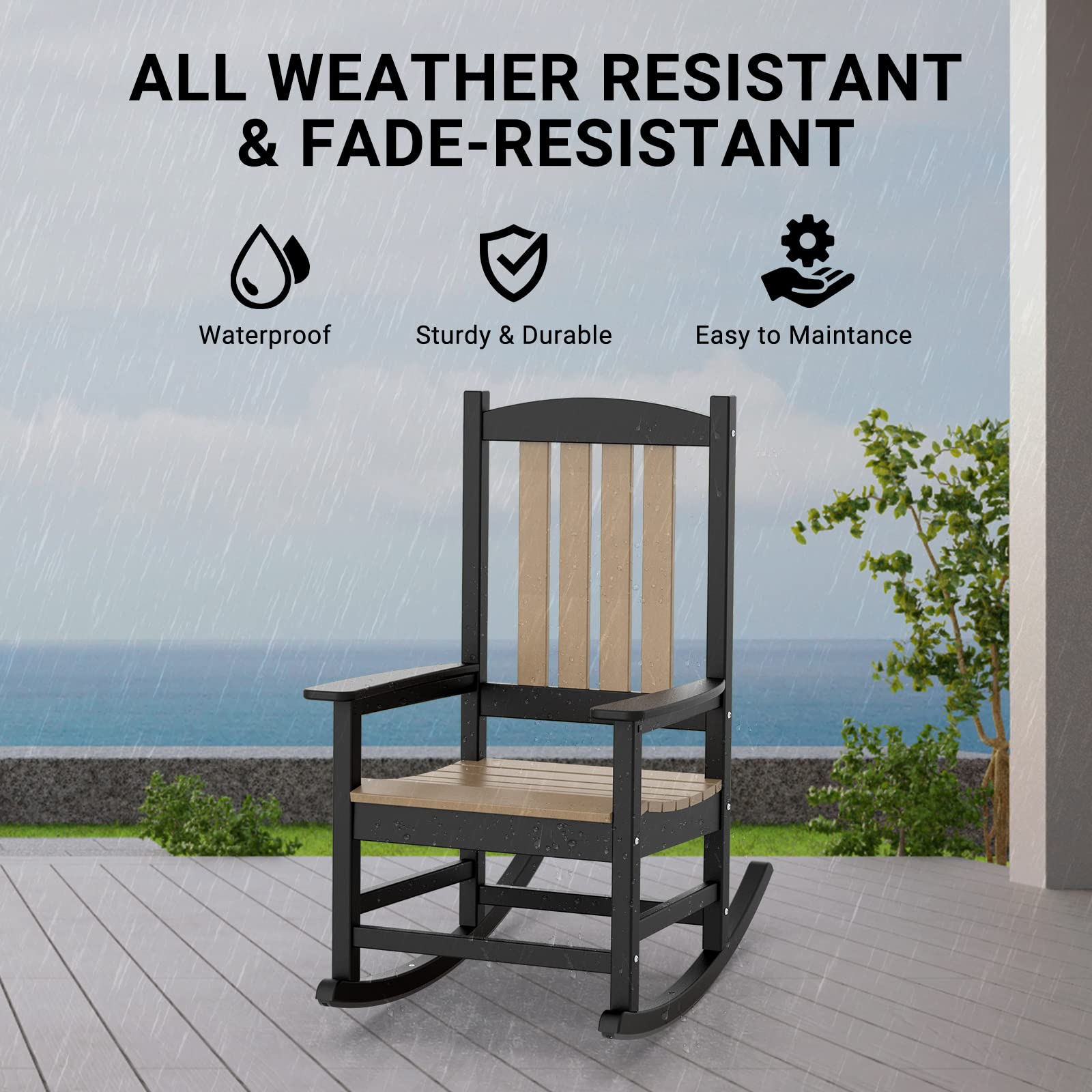 OTSUN Oversized Patio Rocking Chair Set of 2, All Weather Resistant Outdoor Rocker Chair, 380lbs Load Capacity, High Back, Widened Armrests for Yard, Garden, Indoor, Lawn, Black & Brown