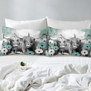 Highland Cow Print Duvet Cover Cowgirl Gifts for Women Girls, Western Farmhouse Bedding Set Queen Cattle Farm Animal Comforter Cover, Rustic Flowers Daisy Quilt Cover, Teal Graffiti Room Decor