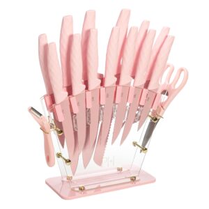 paris hilton knife block set with fan style clear acrylic knife block, premium stainless steel blades with nonstick coating, comfort grip handles, 16-piece set, pink and gold