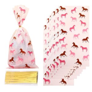 50 pieces horse pink treat bags horse cellophane candy bags horse racing plastic goodie storage bags horse party favor bags with twist ties for cowboy theme birthday party supplies