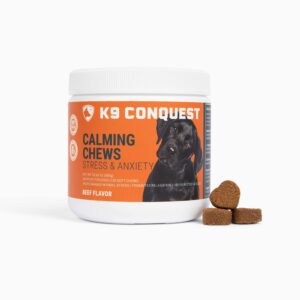 K9 Conquest Calming Chews for Dogs - Anxiety Relief & Stress Reducer with Organic Hemp, Chamomile, Valerian Root, L-Tryptophan, Ginger Root & Melatonin - Anxiety and Stress Calming Treats for Dogs