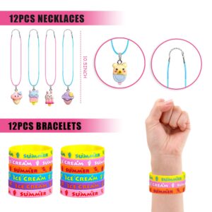 110 PCS Ice Cream Party Favors Cute Ice Cream Necklace Goodie Bags with Keychains, Stickers, Rubber Bracelets, Button Pins and Bags for Summer Themed Birthday Party Baby Shower