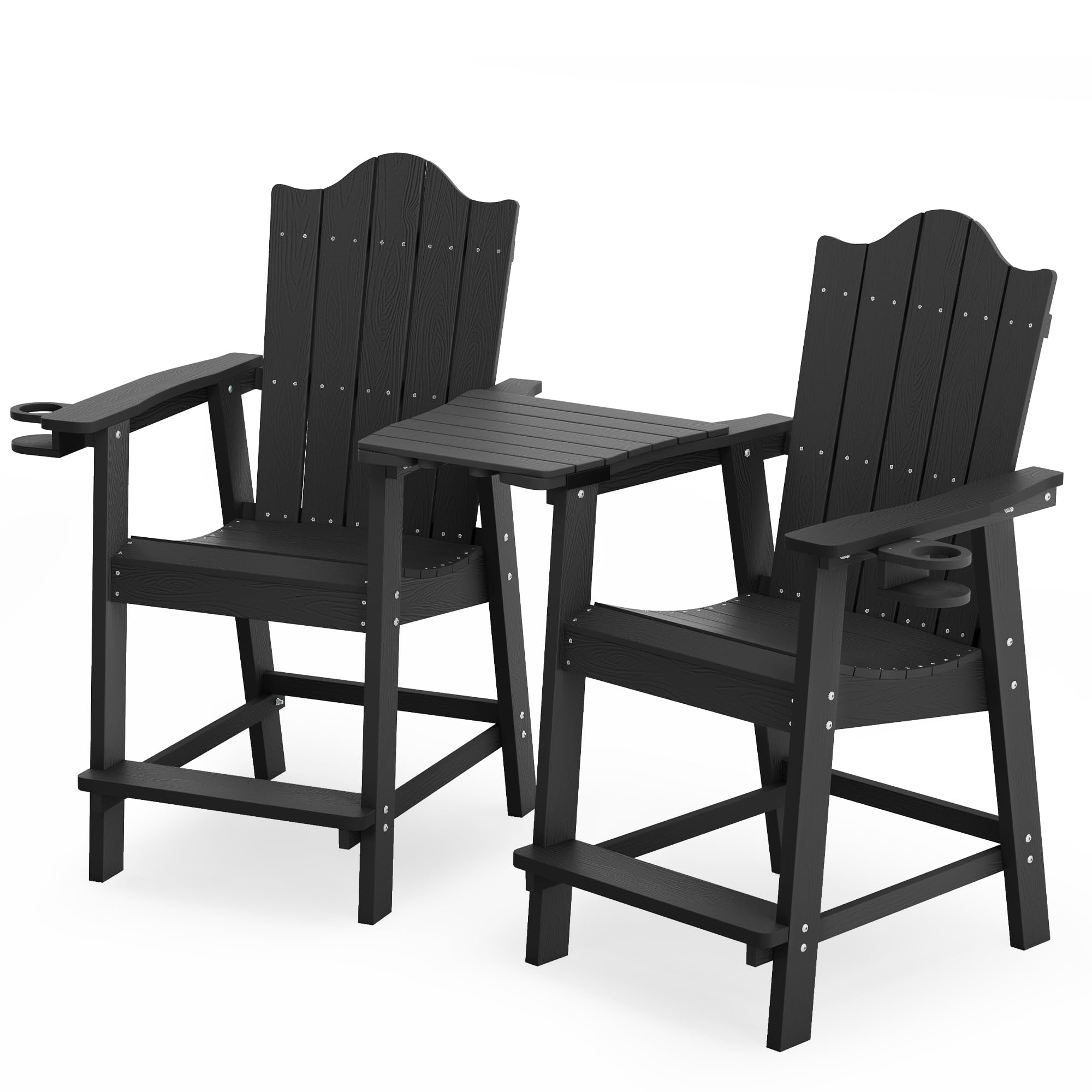 LUE BONA Tall Adirondack Chairs Set of 2 with Removable Table, HDPS Poly Balcony Chair with Cup Holder, All-Weather Adirondack Chair Bar stools, Outdoor Adirondack Barstools for Deck, Patio