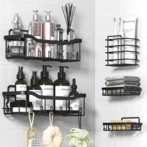 juya shower caddy, 5-pack shower organizer, adhesive shower shelves no drilling rustproof stainless steel large capacity wall-mounted bathroom organizer for bathroom, kitchen, black