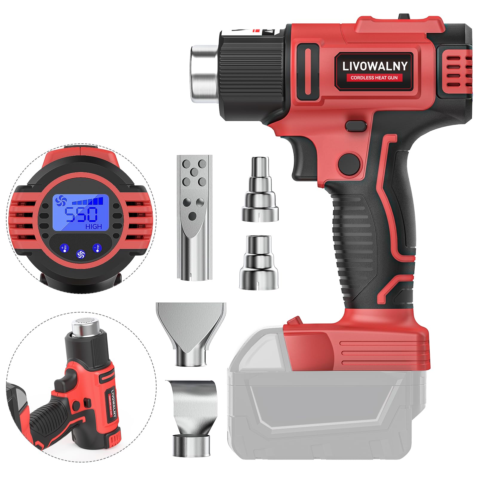 Cordless Heat Gun for Milwaukee 18V Battery, LIVOWALNY 18V 350W 122℉~1202℉ (50℃-550℃) Variable Temperature Control Hot Air Gun with LCD Digital Display for Shrink Tubing, Crafts (No Battery)