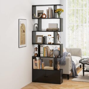 IFANNY 5 Shelf Bookcase, Geometric Bookshelf with Doors, Tall S Shaped Storage Shelves, Wooden Display Shelf with Cabinet, Modern Book Shelf for Bedroom, Living Room, Home Office (Black)