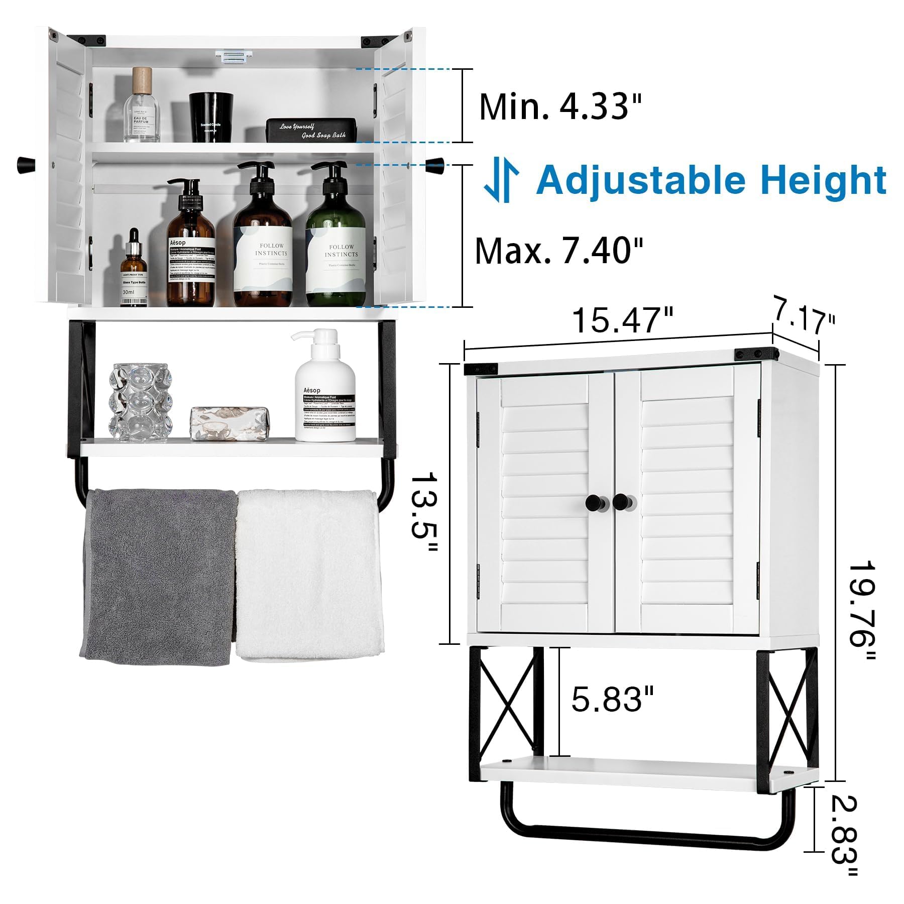 HOKYHOKY Bathroom Medicine Wall Cabinet, Bathroom Hanging Storage Cabinets with Louver Doors, Medicine Cabinet Organizer Wall Mounted with Towel Bar, White