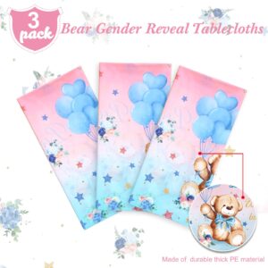 Capoda 3 Pcs Bear Baby Shower Tablecloths Bear Gender Reveal Table Covers Rectangle Plastic Bear Table Cloths for Bear Baby Shower Gender Reveal Party Decorations, 54 x 108 Inch, Blue Pink