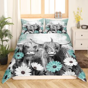 Highland Cow Print Duvet Cover Cowgirl Gifts for Women Girls, Western Farmhouse Bedding Set Queen Cattle Farm Animal Comforter Cover, Rustic Flowers Daisy Quilt Cover, Teal Graffiti Room Decor