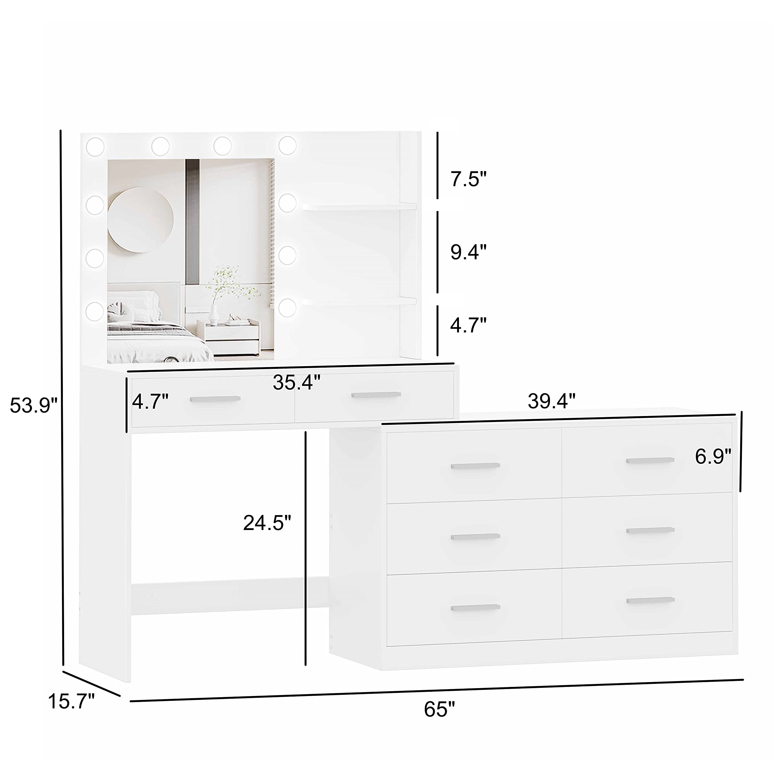 Rovaurx 65" Vanity Desk with Lighted Mirror and Lights, 8 Drawers Makeup Vanity Table with Storage Shelf, Modern Dresser with Mirror, Dressing Table for Bedroom, Adjustable Width, White RSZT109W