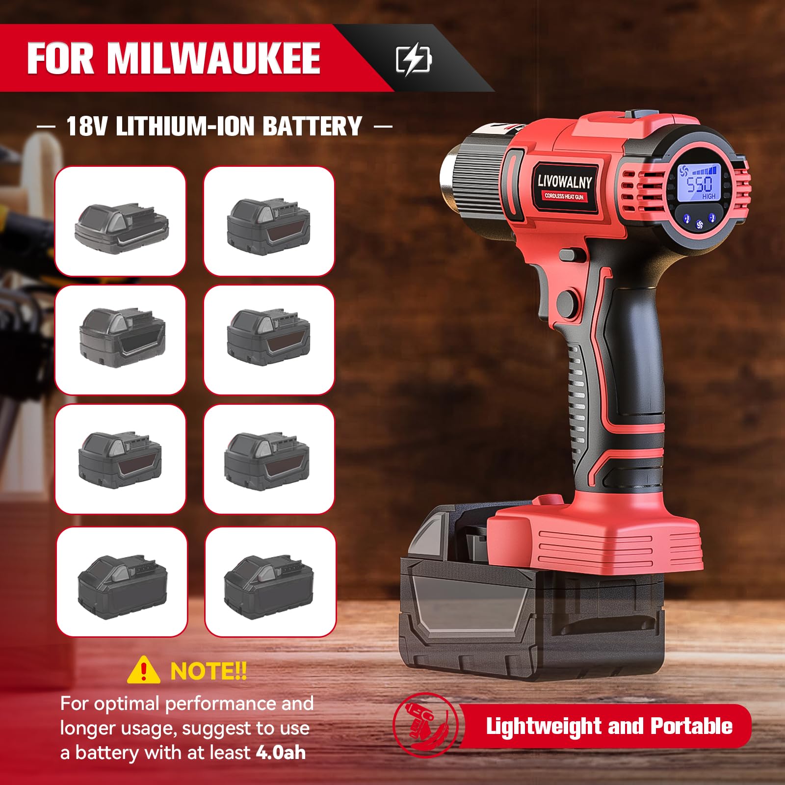 Cordless Heat Gun for Milwaukee 18V Battery, LIVOWALNY 18V 350W 122℉~1202℉ (50℃-550℃) Variable Temperature Control Hot Air Gun with LCD Digital Display for Shrink Tubing, Crafts (No Battery)