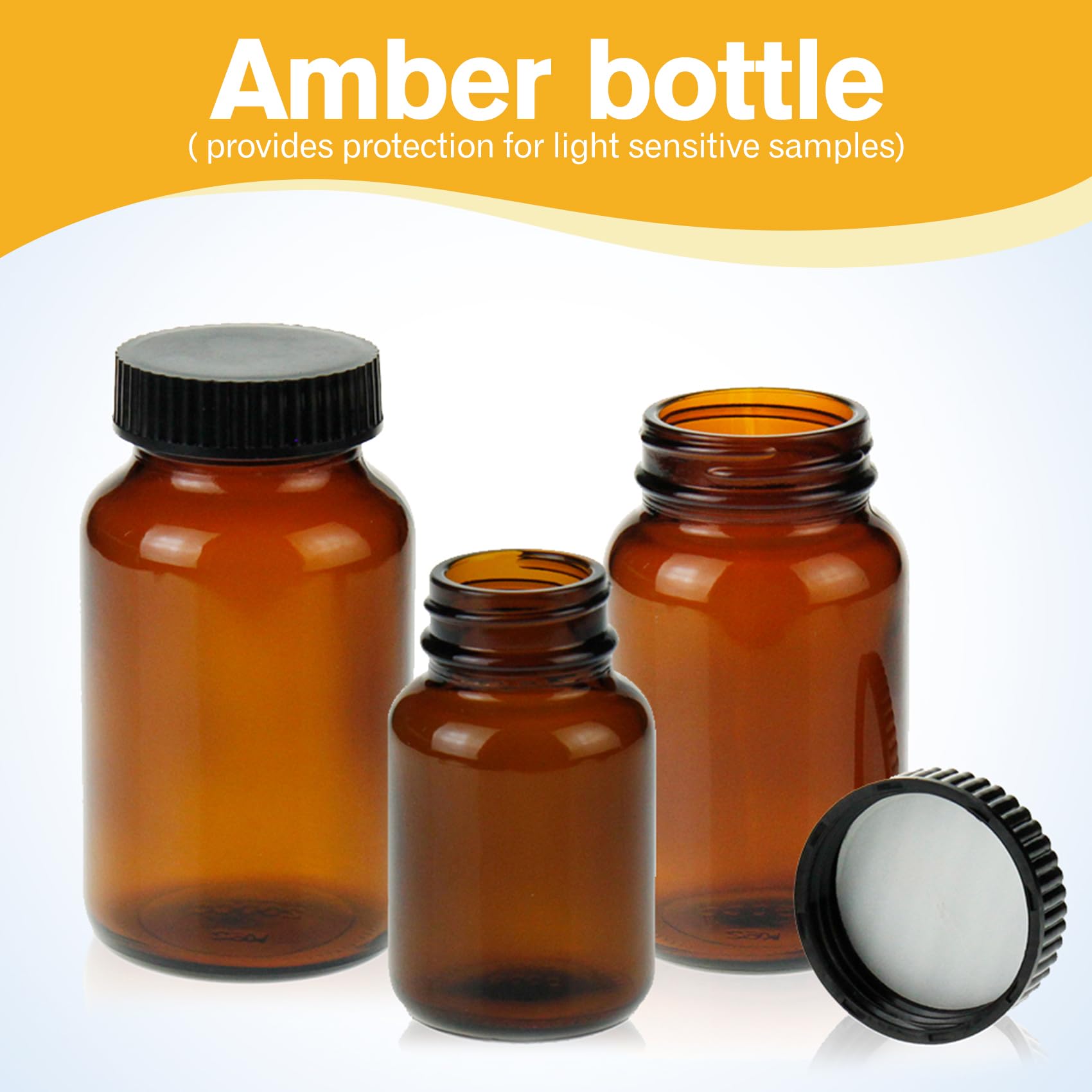 ALWSCI Wide Mouth 3oz Amber Glass Paker Bottles 100ml with 38-400 Black Ribbed Lids (24PCS)