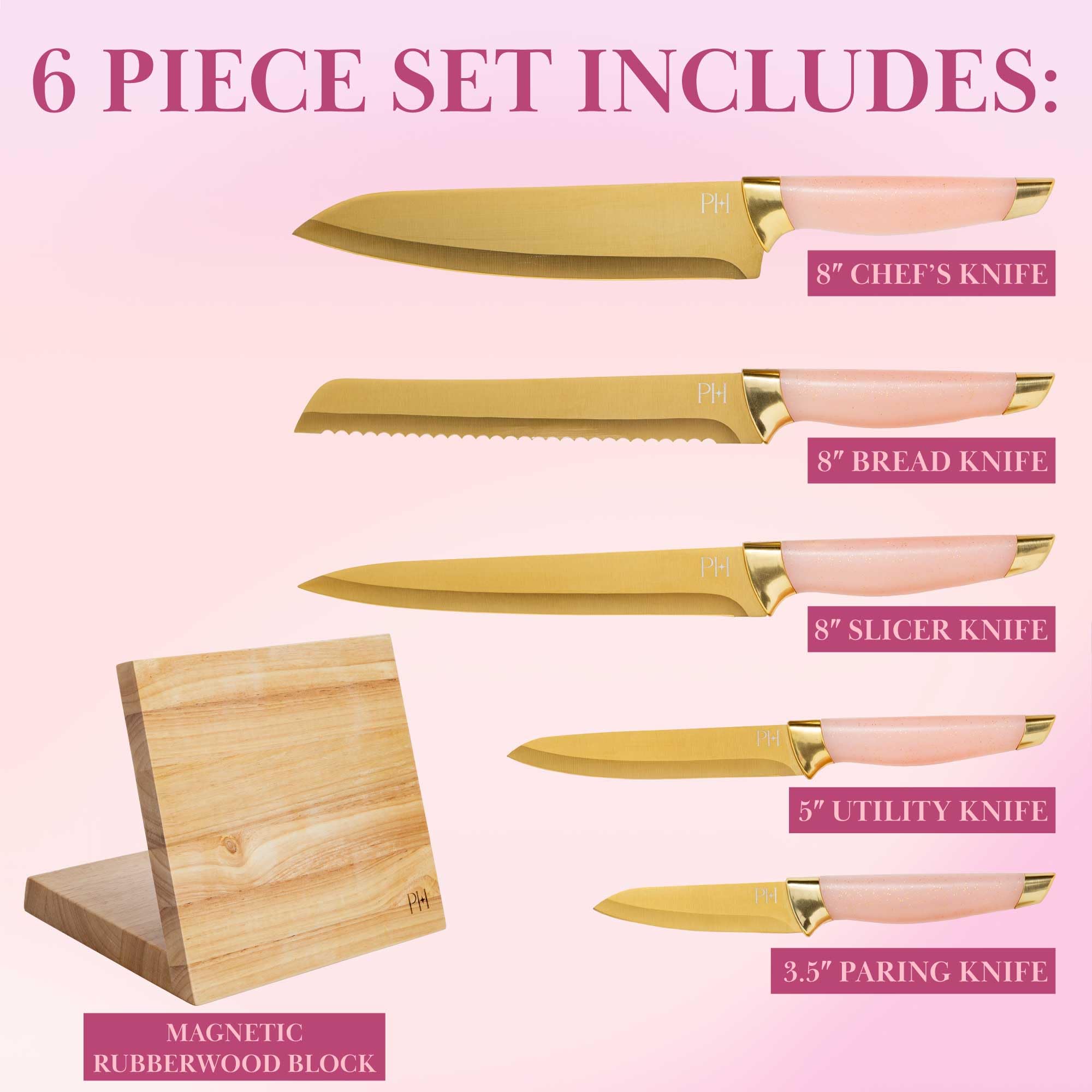 Paris Hilton Knife Block Set with Magnetic Wooden Knife Block, High Carbon Stainless Steel Blades with Titanium Coating, Sleek Comfortable Grip Handles, 6-Piece Set, Pink and Gold