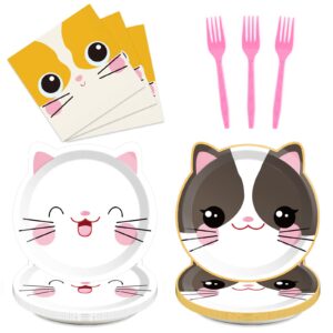 96 pieces cat party supplies cute kitten theme party tableware set party decorations kitty disposable dinnerware plates napkins forks for cat theme birthday baby shower party favors 24 guests