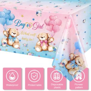 Capoda 3 Pcs Bear Baby Shower Tablecloths Bear Gender Reveal Table Covers Rectangle Plastic Bear Table Cloths for Bear Baby Shower Gender Reveal Party Decorations, 54 x 108 Inch, Blue Pink