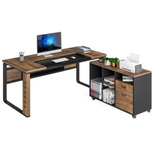 Tribesigns Large L-Shaped Computer Desk, 59 inch Executive Office Corner Desk Workstation Business Furniture with Letter Size File Cabinet for Home Office, Light Brown