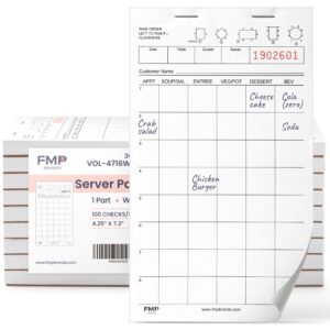 fmp brands server note pads paper, guest check books, total 500 sheets, 5 pads, 100 sheets/pad, guest check pads, order pads for servers, waitress notepads for restaurant, bar, cafe, diners