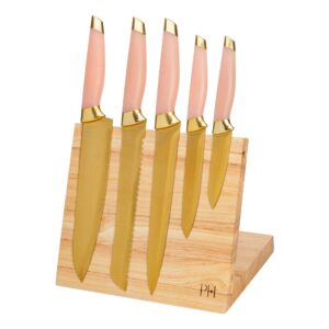 paris hilton knife block set with magnetic wooden knife block, high carbon stainless steel blades with titanium coating, sleek comfortable grip handles, 6-piece set, pink and gold