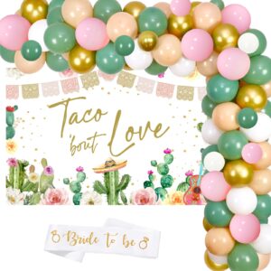 taco bout love bridal shower decorations, sage green balloon garland kit, fiesta bridal shower backdrop, bride to be sash, ring cactus foil balloons, mexican wedding shower bachelorette party supplies