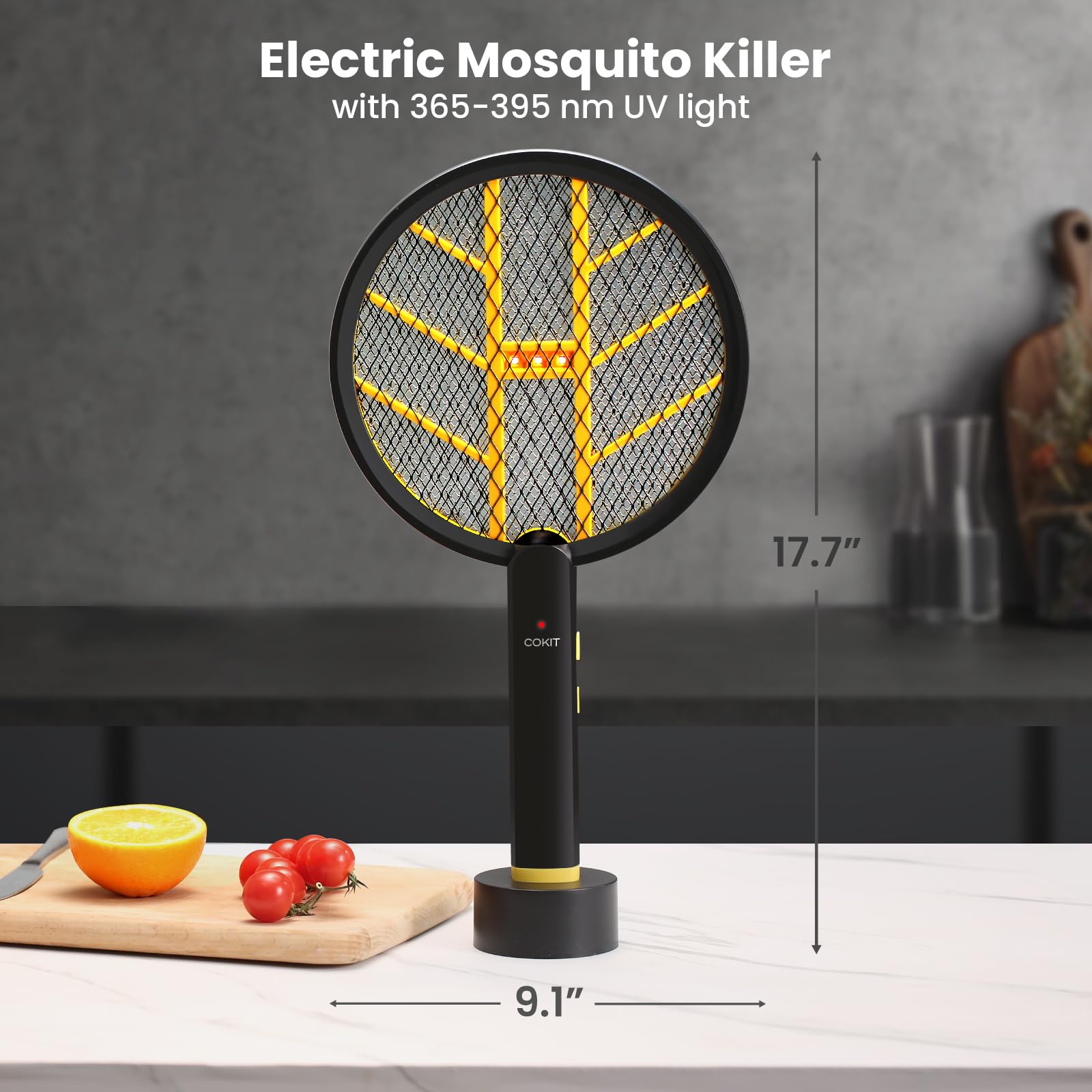 COKIT Electric Fly Swatter Racket, Mosquito Killer Bug Zapper Indoor, UV LED Light Fly Zapper 3500V with Wall Bracket, Rechargeable Insect Killer for Gnats, Mosquitoes, Moths, 1 Pack (Black+Yellow)