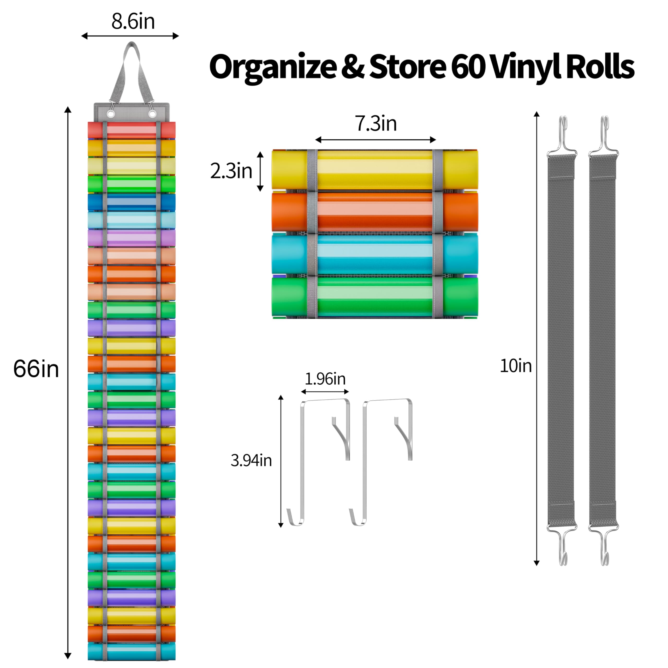 Resonax 60 Compartments Vinyl Roll Holder with 14 Internal Mesh Pockets, 2 Hooks & 2 Straps - 66"x8.6" Vinyl Roll Storage - Vinyl Storage Organizer - Vinyl Organizer Storage Craft Rack (Grey)