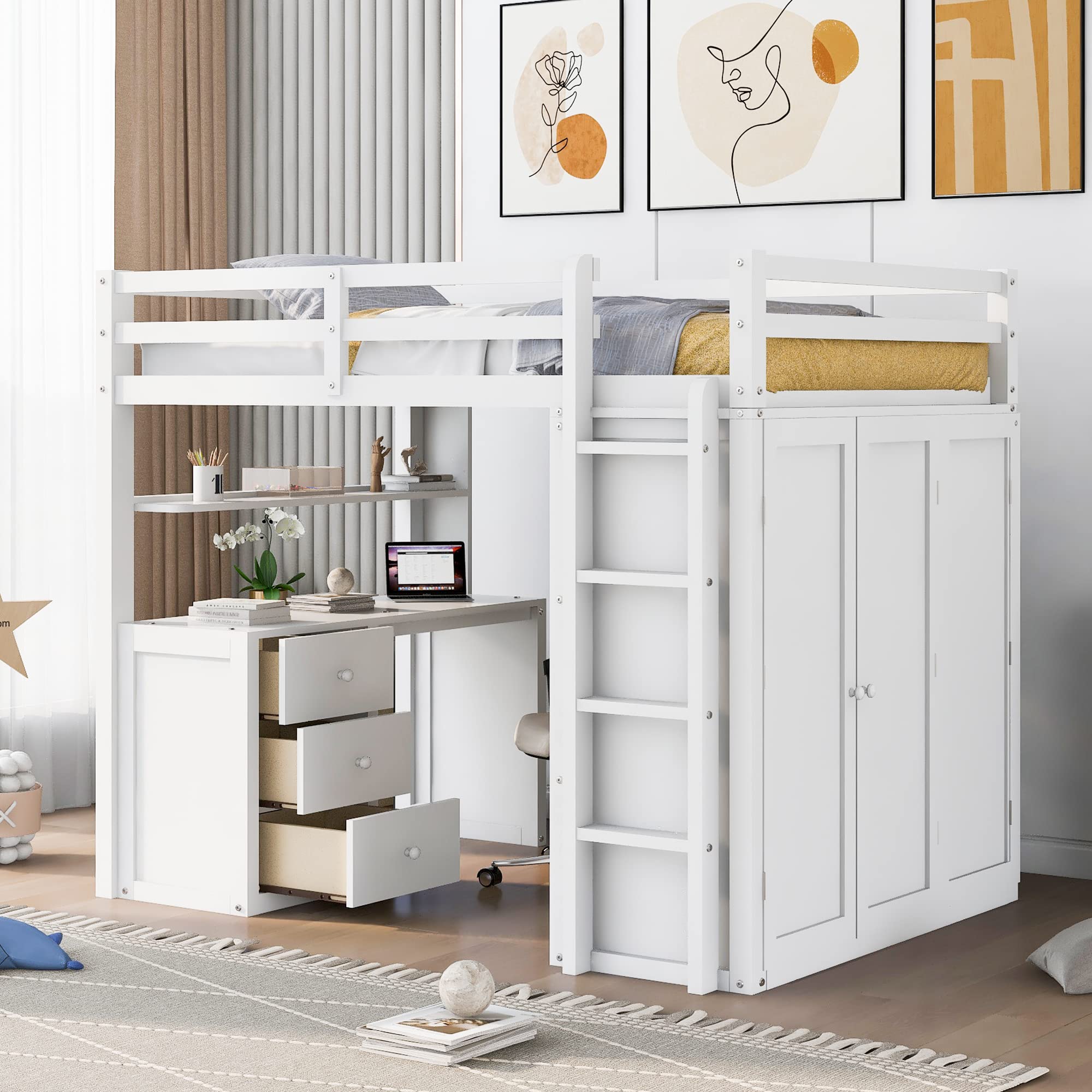 Harper & Bright Designs Full Size Loft Bed with Desk and Wardrobe, Solid Wood Loft Bed Frame with Storage Drawers, for Kids Teens Adults (Full, White)