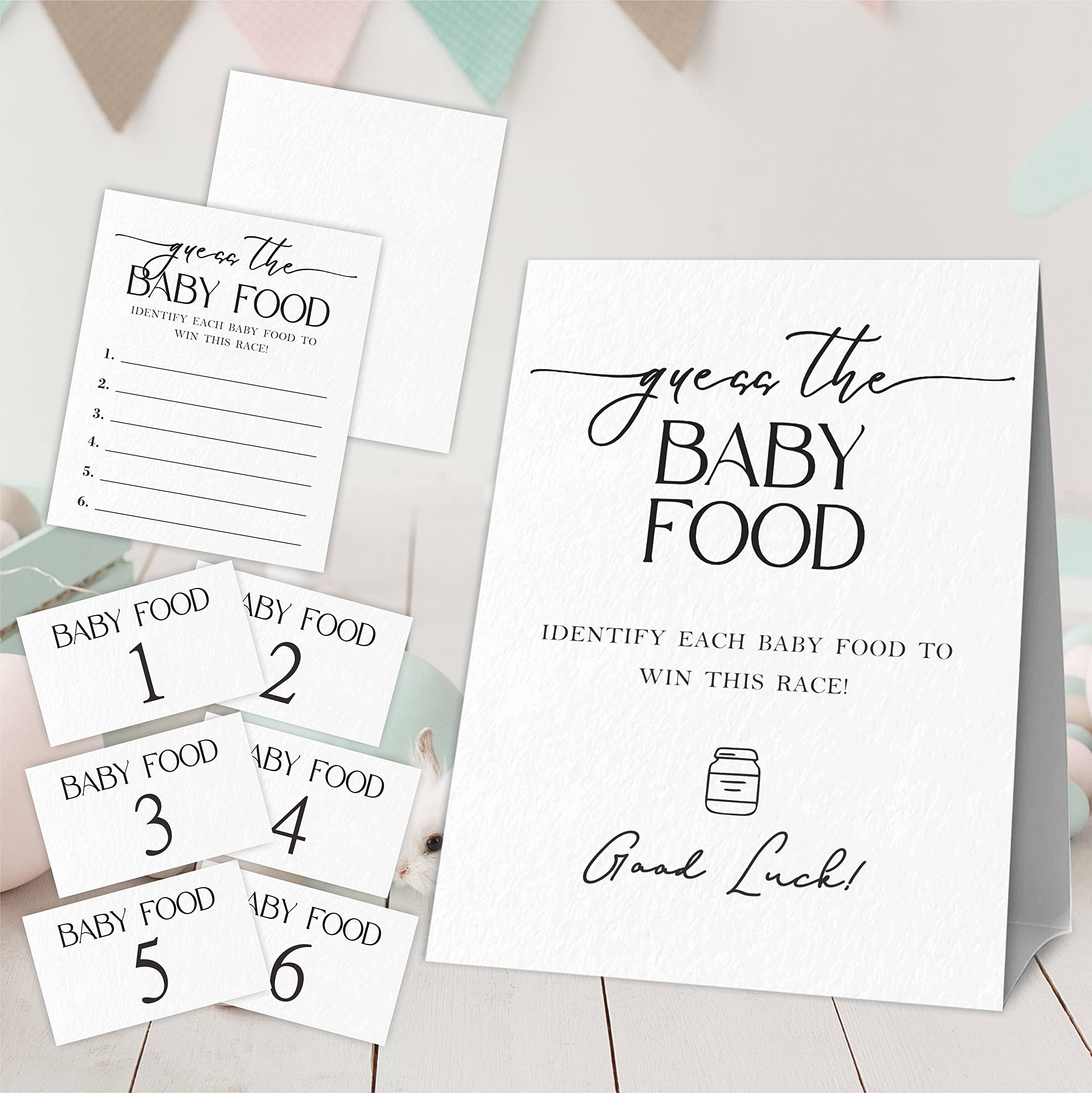 Baby Shower Game Set - Guess The Baby Food - Minimalism Classic (1 Standing Sign + 6 Number Cards + 20 Answer Cards), Gender Reveal, Baby Announcement - SWLK-A10