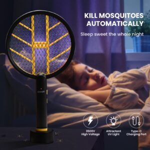 COKIT Electric Fly Swatter Racket, Mosquito Killer Bug Zapper Indoor, UV LED Light Fly Zapper 3500V with Wall Bracket, Rechargeable Insect Killer for Gnats, Mosquitoes, Moths, 1 Pack (Black+Yellow)