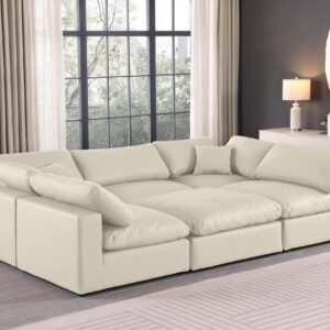 Meridian Furniture 188Cream-Sec6C Comfy Collection Modern | Contemporary Upholstered Modular Sectional, Soft Cream Vegan Leather, Fiber-Filled, 119" W x 79" D x 34.5" H, Cream