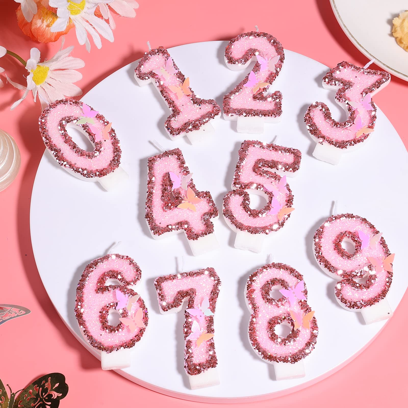 2.95 Inch Birthday Number Candles, Glitter Pink Number Candles Cake Topper Butterfly Birthday Candles with Sequins for Anniversary Celebrations Supplies (Number 1)