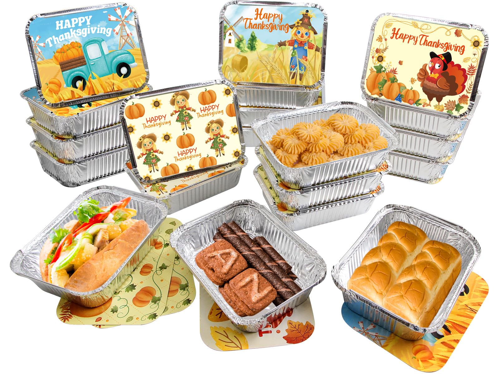 WorldBazaar Cute Thanksgiving Aluminum Containers with Lids 36PCS Thanksgiving Food Leftover Containers Disposable Fall Turkey Foil Pans Food Sacks Storage Thanksgiving Party Supplies