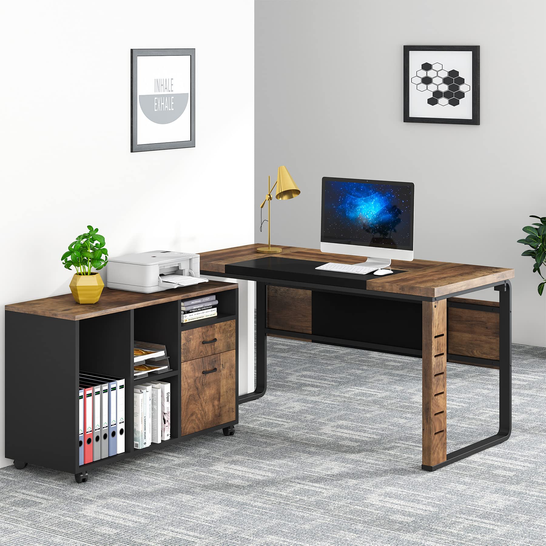 Tribesigns Large L-Shaped Computer Desk, 59 inch Executive Office Corner Desk Workstation Business Furniture with Letter Size File Cabinet for Home Office, Light Brown