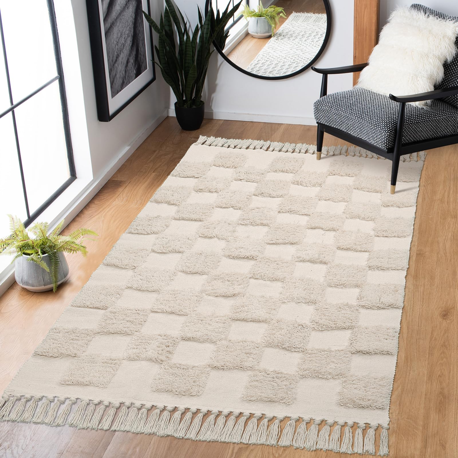 Lanffia Boho Checkered Tufted Rug - 3x5 Area Rug Beige Hallway Rug Washable with Tassels Indoor Farmhouse Floor Carpet for Kitchen Bathroom Laundry Doorway Bedroom Living Room