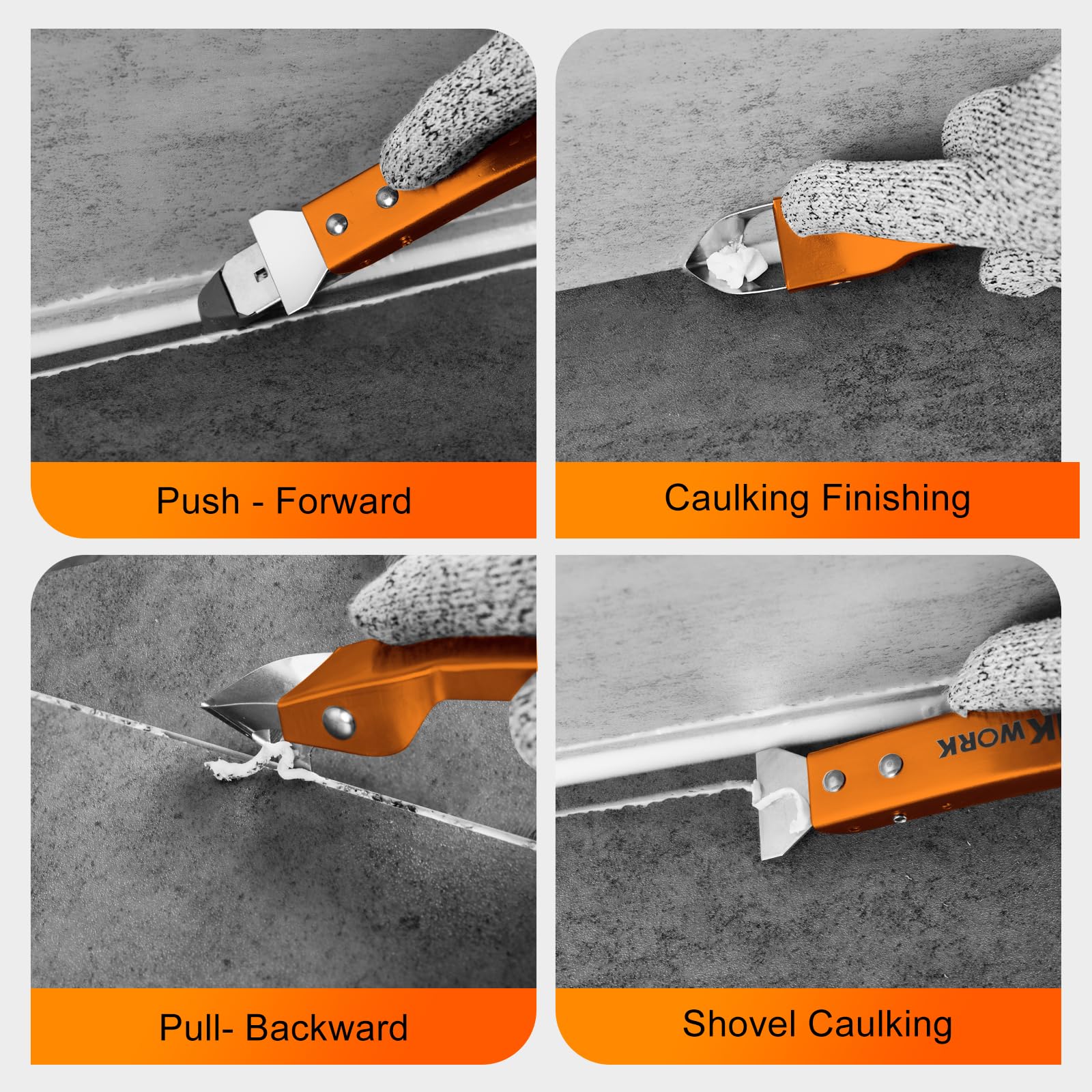 THINKWORK Caulking Tool Kit, 4 in 1 Caulk Remover Tool, Stainless Steel Caulk Tool for Kitchen Bathroom Window Sink Tile Joint, Orange