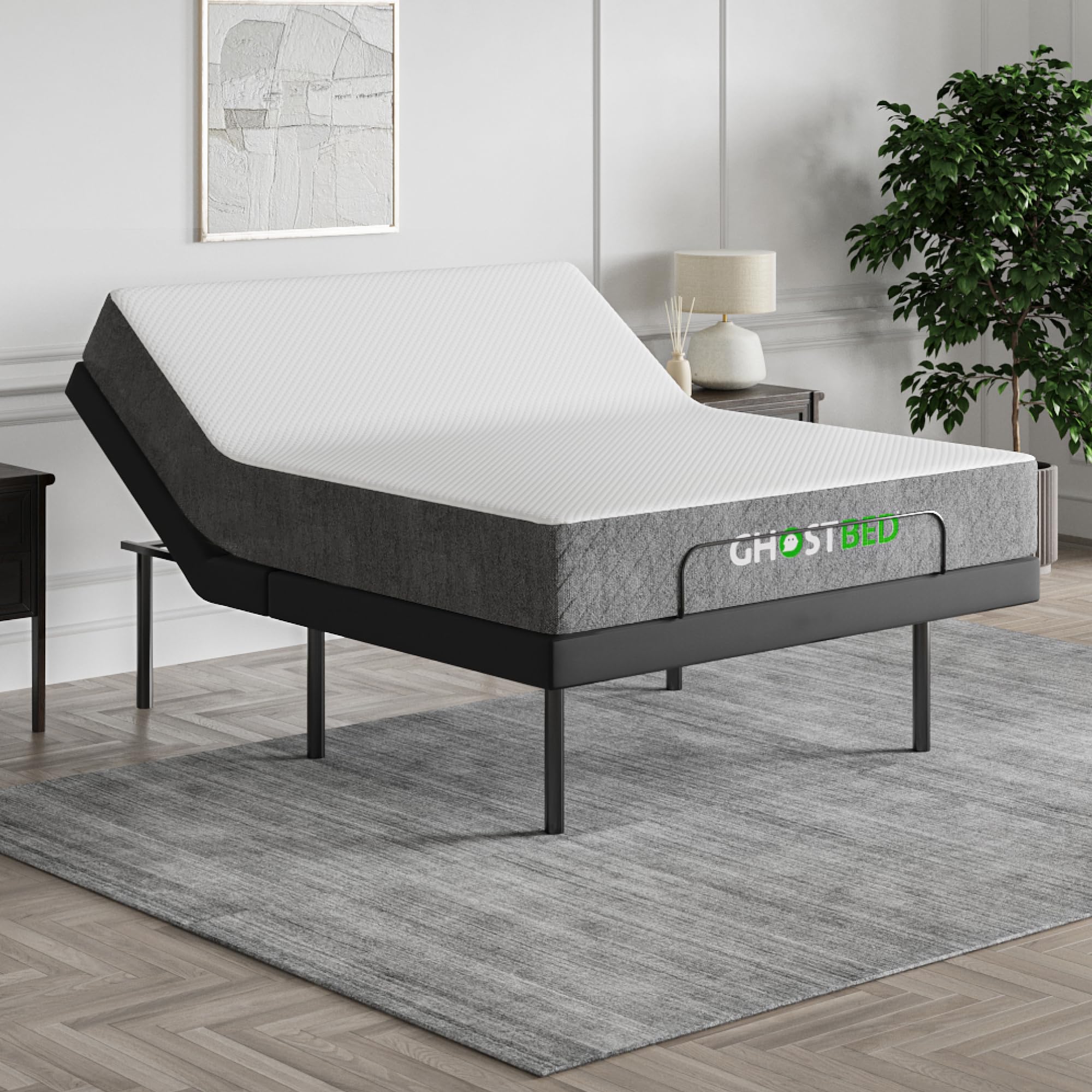 GhostBed Adjustable Base Bundled with 12" Hybrid Mattress in a Box with Cool Gel Memory Foam and Individually Wrapped Coils, Zero Gravity and Massage Settings,Queen Adjustable Bed Frame with Mattress