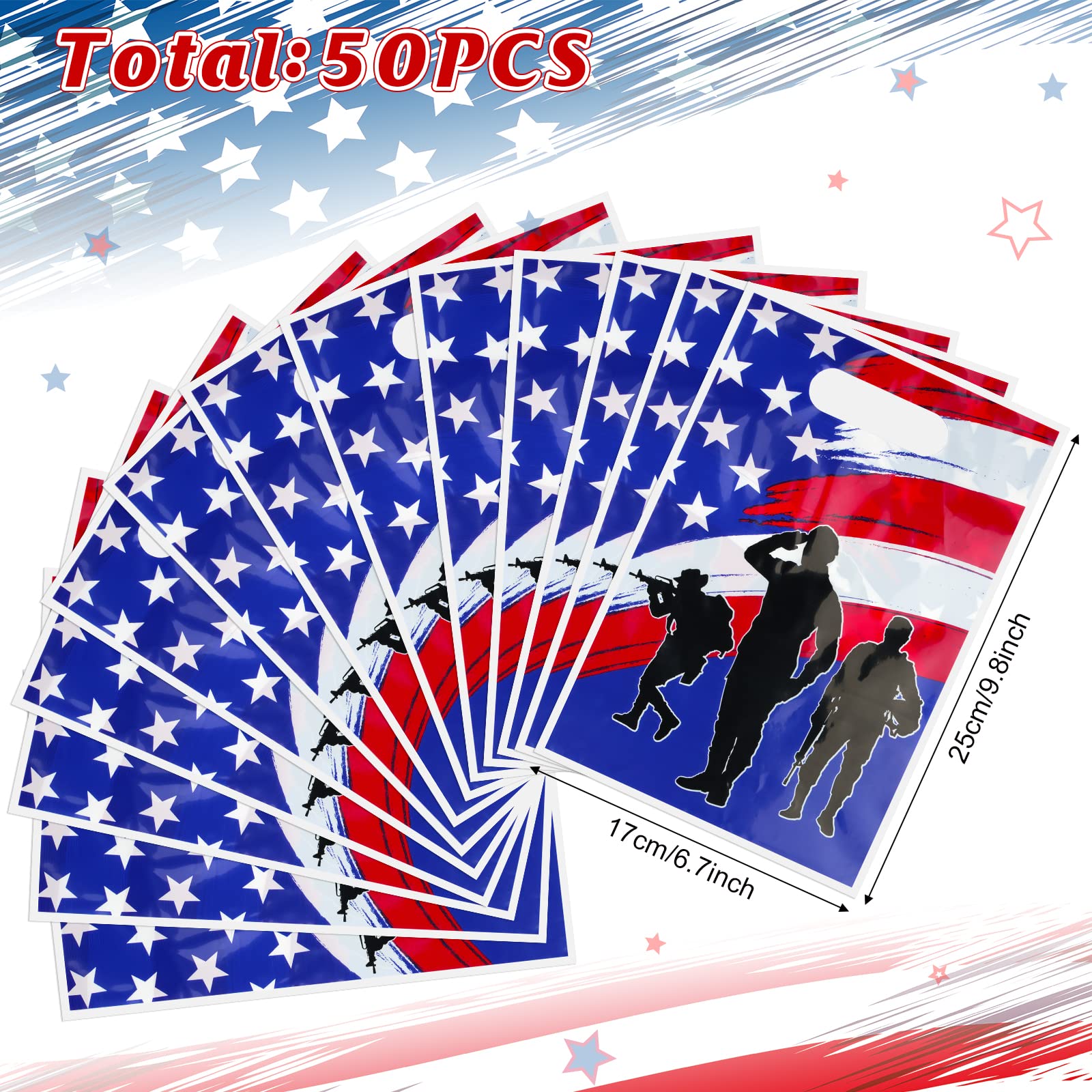 MASHAN 50pcs Veterans Day Gift Bags, Plastic Goodies Treat Bags with American Flag Patriotic Soldier for Independence Day Veterans Day and Army Party Decorations