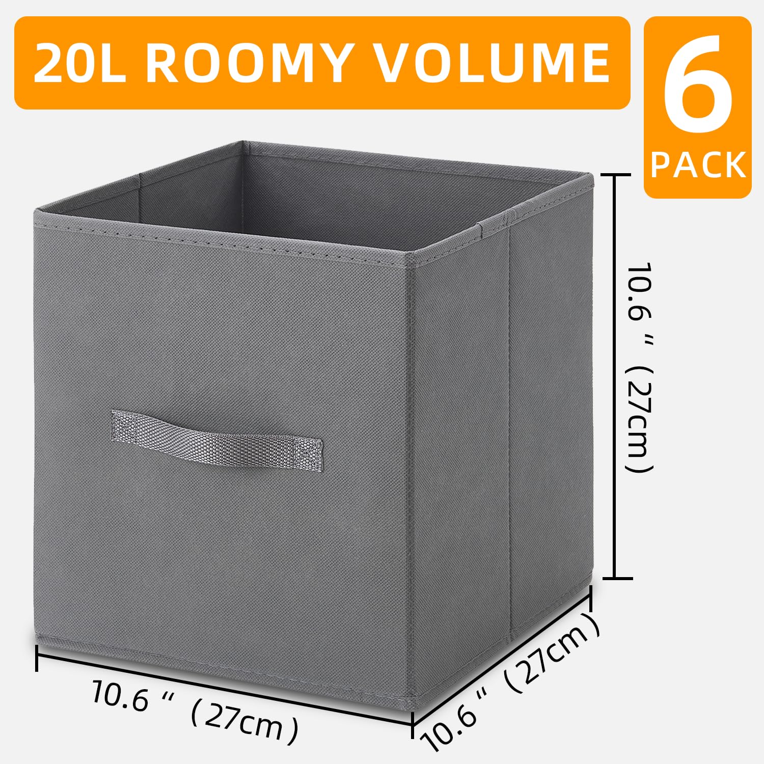 Somdot Fabric Storage Bins with Handle, 10.6 Inch Collapsible Storage Cubes, Foldable Organization Baskets for Closet Shelves Offices Toys, Set of 6 - Gray