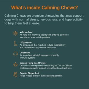 K9 Conquest Calming Chews for Dogs - Anxiety Relief & Stress Reducer with Organic Hemp, Chamomile, Valerian Root, L-Tryptophan, Ginger Root & Melatonin - Anxiety and Stress Calming Treats for Dogs